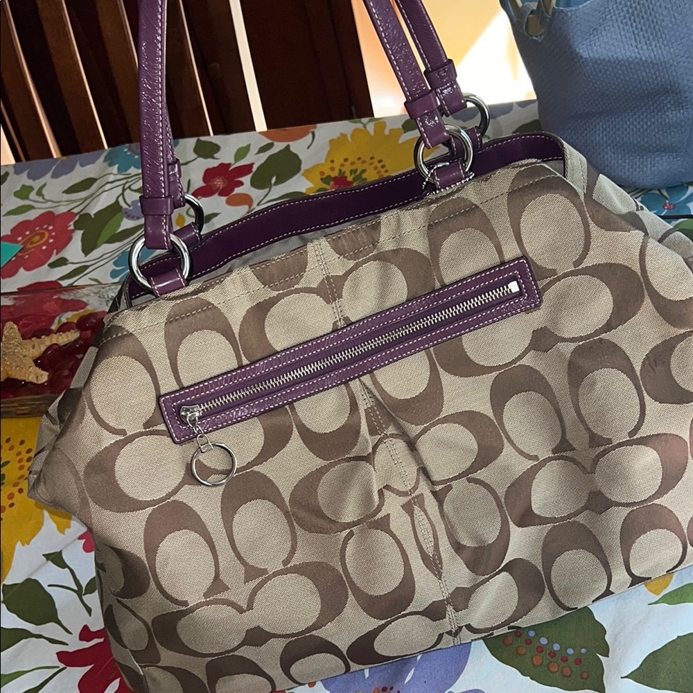 Coach Signature Canvas Shoulder Bag with Purple Trim